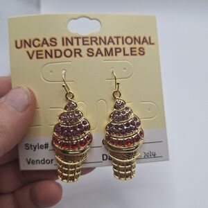 Gold Tone Rhinestone Ice Cream Cone Dangle Earrings (Vendor Sample)